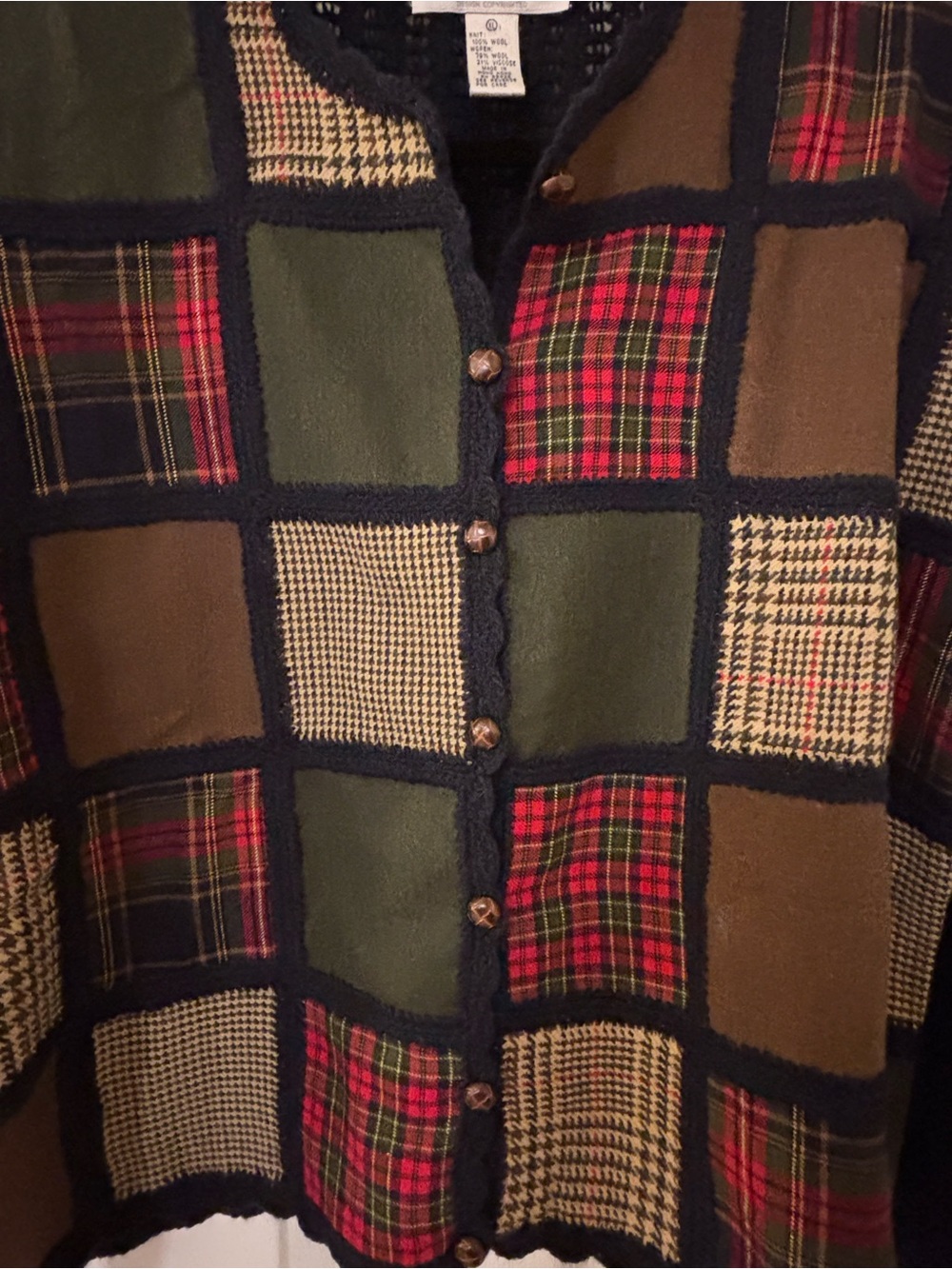 Robert Scott Ltd Wool Patchwork Cardigan – Vintage Hong Kong – Button Front - Picture 3 of 6